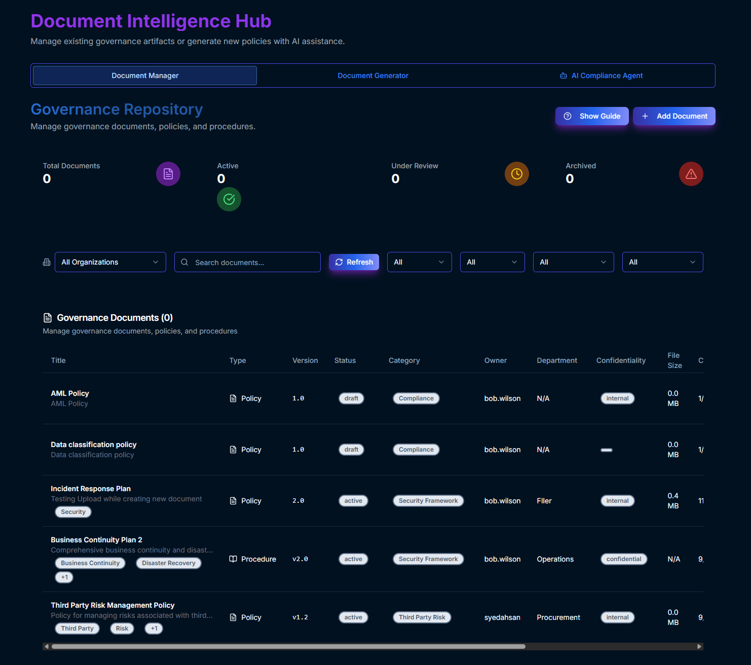 Policy Management module interface