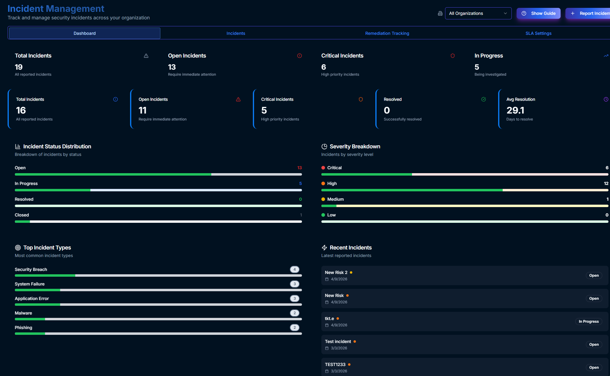 Risk Incidents module interface